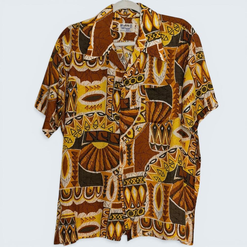 Vintage 70s 80s Aloha Shirt Brown Tiki Tribal Rayon Korea Hawaiian XL 50 Chest